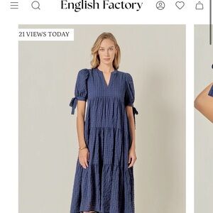 English Factory navy textured tiered midi with puff sleeves